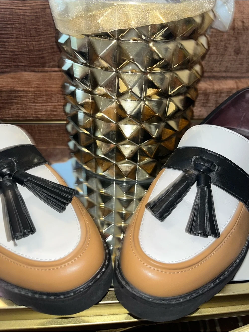Franco Sarto Two-Tone Tassel Loafers in Tan, Black & White